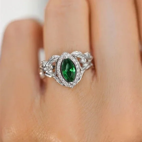💞Emerald Marquis Gem Leaf Weave Silver Noble Rings for Women, MARR9098 - Picture 7 of 8